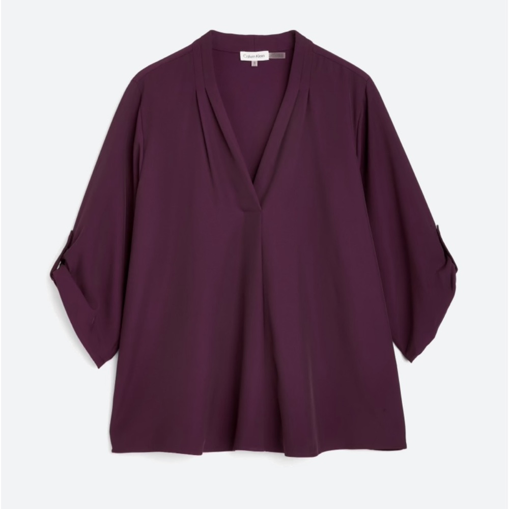 CALVIN KLEIN V-Neck Roll Sleeve Blouse, 3X, Purple